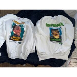 2 RARE MINT 1997 MONSTER STAMP SWEATSHIRTS FRANKENSTEIN & PHANTOM OF THE OPERA